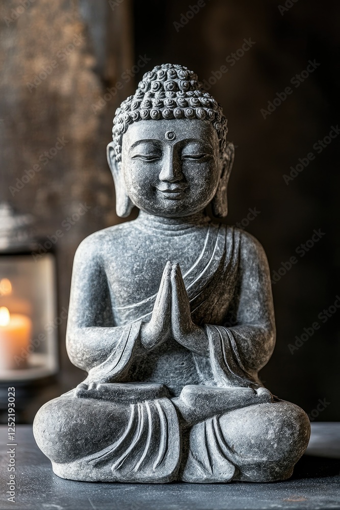 Grey stone Buddha statue meditating, candlelit background, home decor Grey stone Buddha statue meditating, candlelit background, home decor