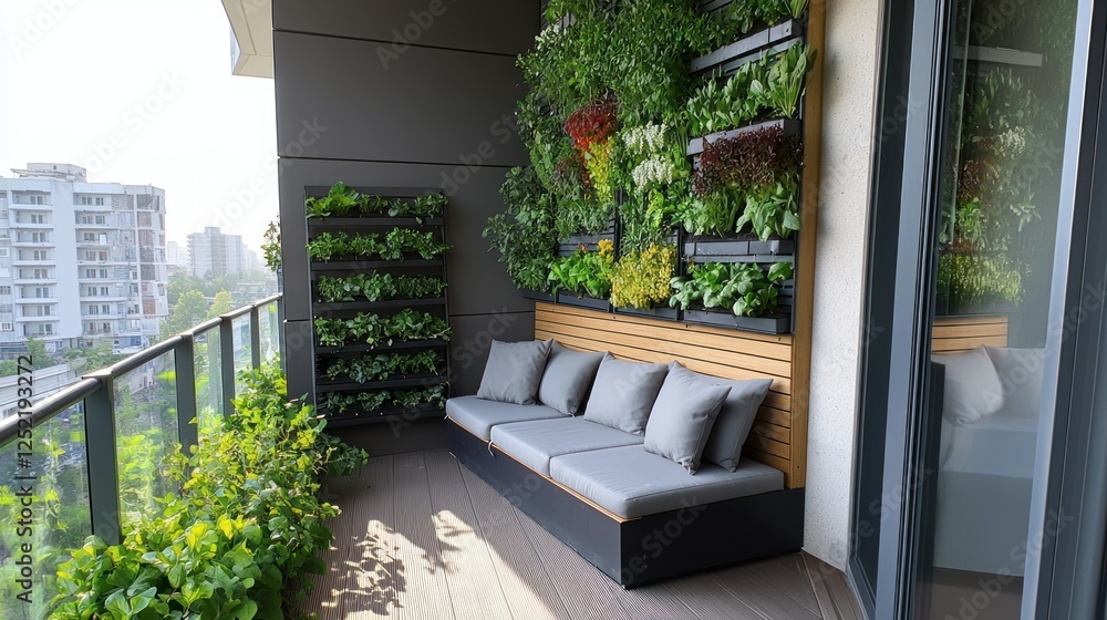 Fototapeta premium A modern balcony vegetable garden with vertical planters and a small seating area. 