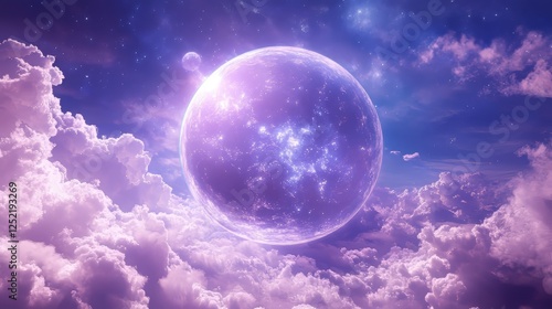 A mesmerizing purple cosmic sphere looms above fluffy clouds in a dreamy night sky.