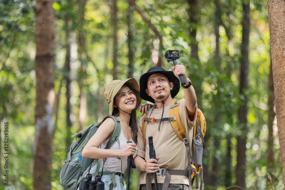 A travel blogger couple explores the forest, capturing stunning moments with their camera. They review photos together, documenting their adventure and sharing their experiences with the world. A travel blogger couple explores the forest, capturing stunning moments with their camera. They review photos together, documenting their adventure and sharing their experiences with the world.