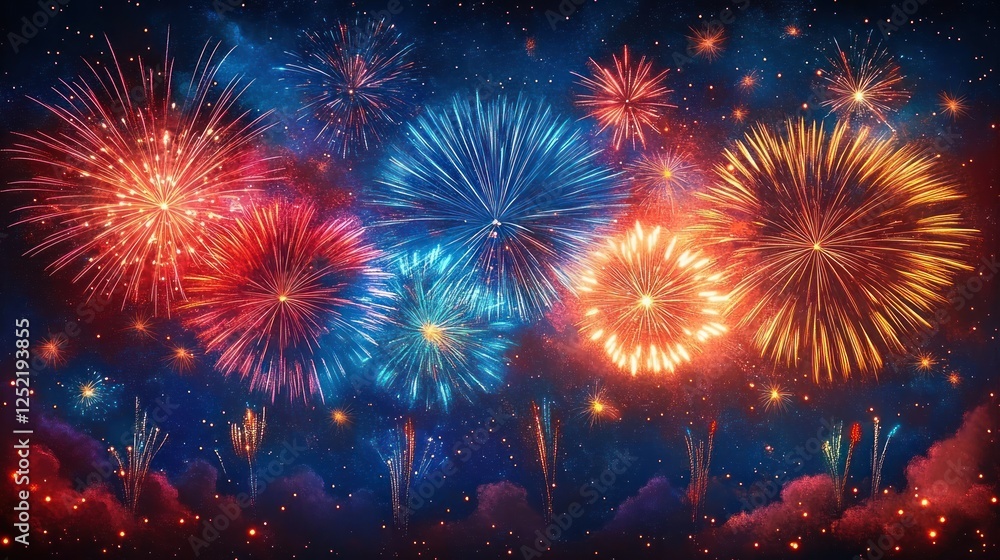 Naklejka premium Vibrant Night Fireworks Display Abstract Art for New Year 2025 Celebration Festival Event Holiday