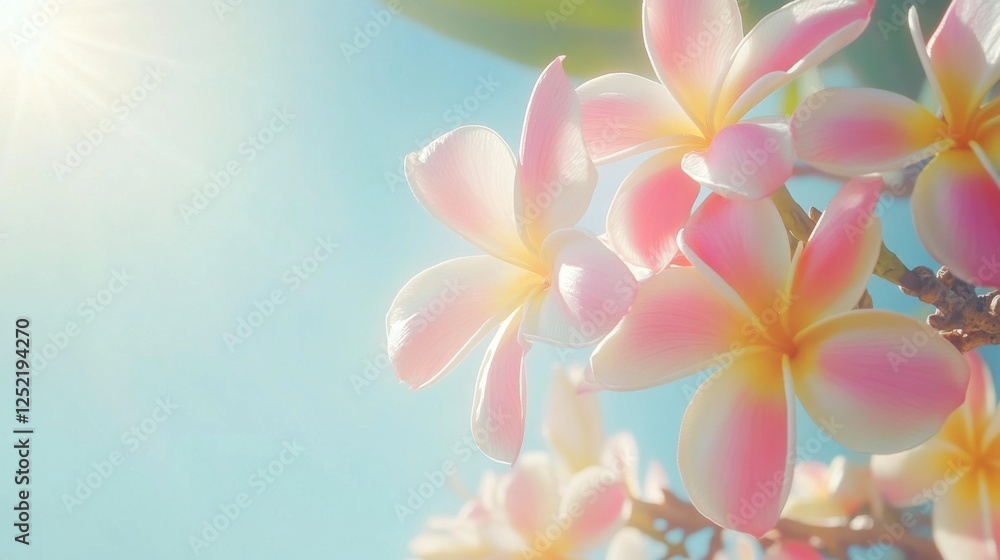 A serene image of a plumeria tree branch filled with vibrant pink and white flowers, illuminated by soft sunlight with a clear blue sky in the background. A serene image of a plumeria tree branch filled with vibrant pink and white flowers, illuminated by soft sunlight with a clear blue sky in the background.