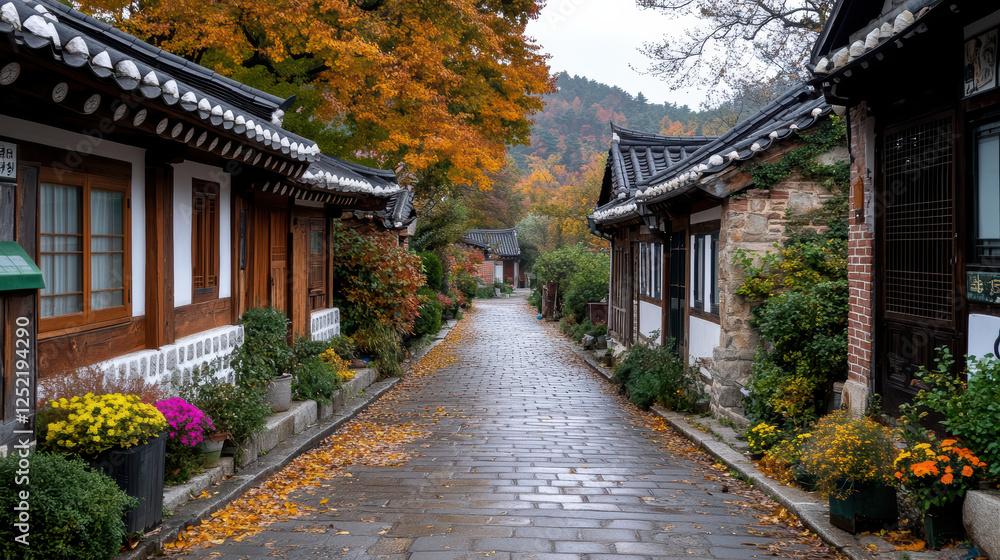 beautiful hanok village in Seoul with traditional wooden houses and autumn foliage beautiful hanok village in Seoul with traditional wooden houses and autumn foliage