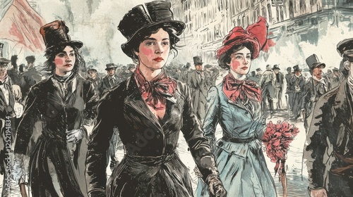 A nostalgic International Women's Day illustration depicting early suffragette movements. 