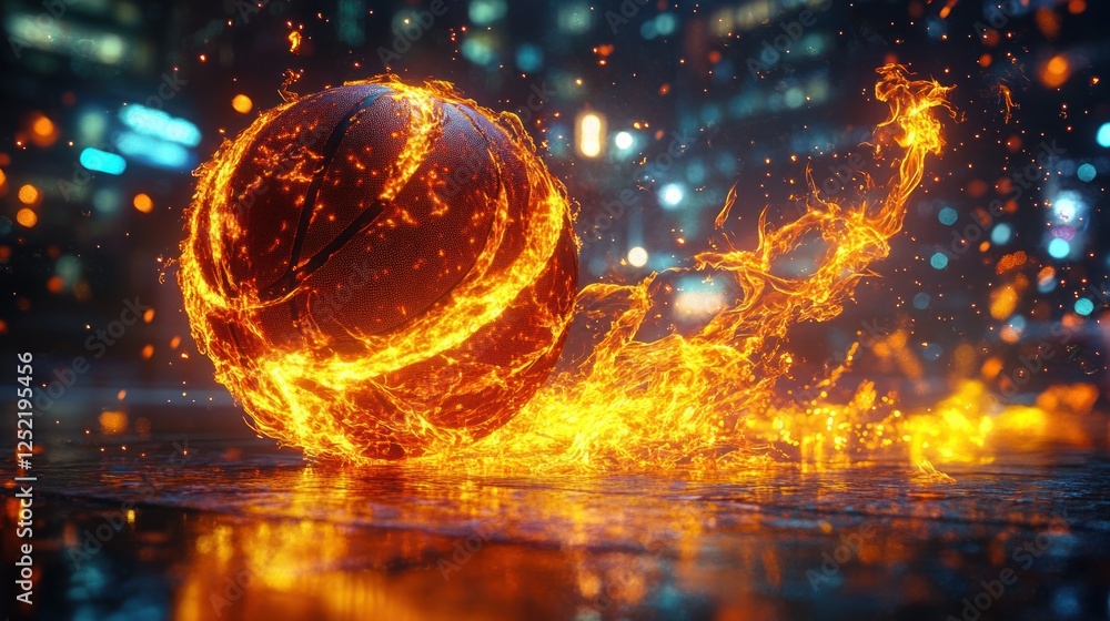 Fiery Basketball with Dynamic Motion Trails on Urban Court Fiery Basketball with Dynamic Motion Trails on Urban Court