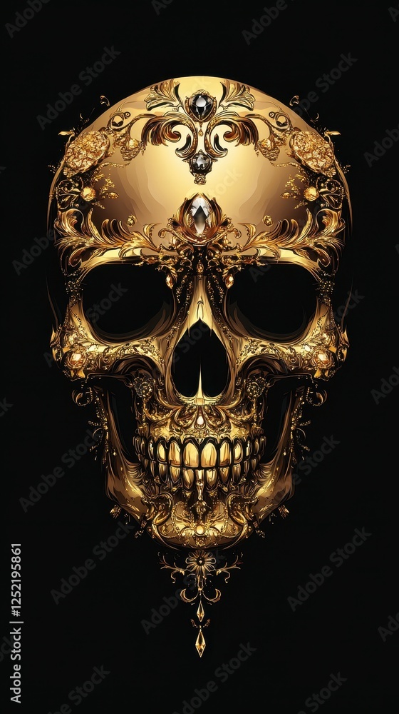 Fototapeta premium Golden skull adorned with intricate baroque details and jewels