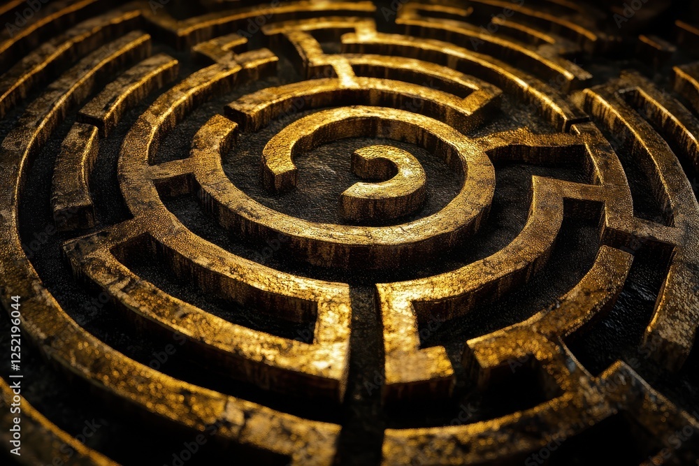 Golden circular maze showcasing intricate pathways and complex design Golden circular maze showcasing intricate pathways and complex design
