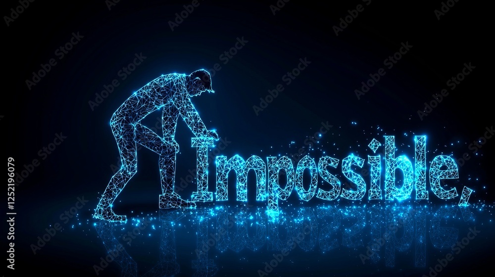 Obraz premium A person in a digital, wireframe style pushing the word 'Impossible', symbolizing persistence and determination.