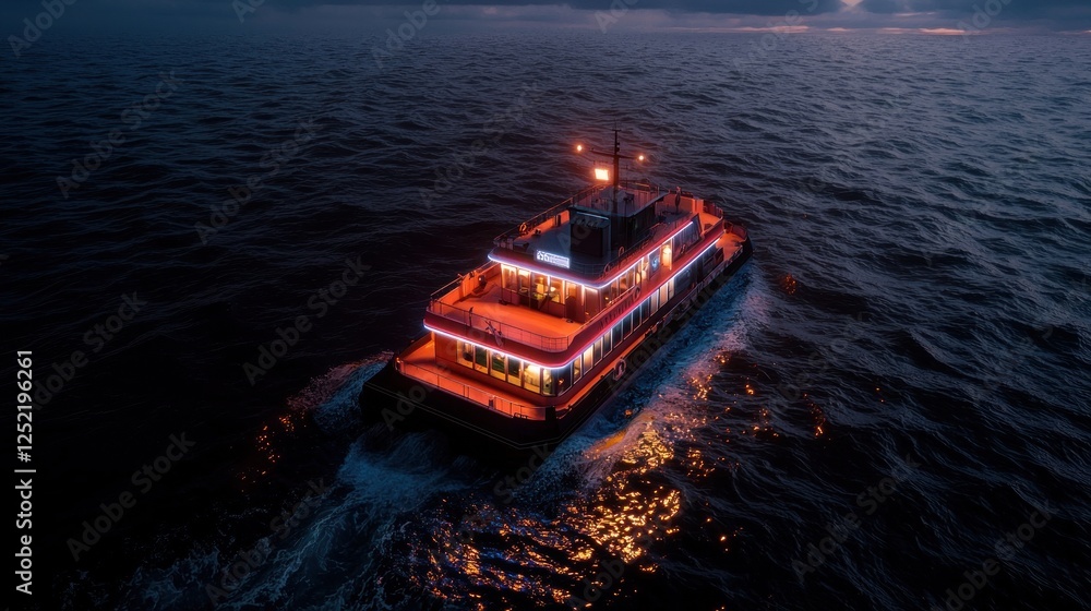 Naklejka premium A vibrant ferry gliding through dark waters at dusk, illuminated by colorful lights, creating a serene atmosphere