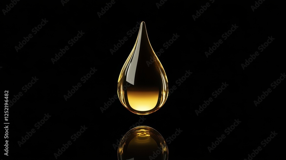Transparent golden liquid drop suspended in air with reflection Transparent golden liquid drop suspended in air with reflection