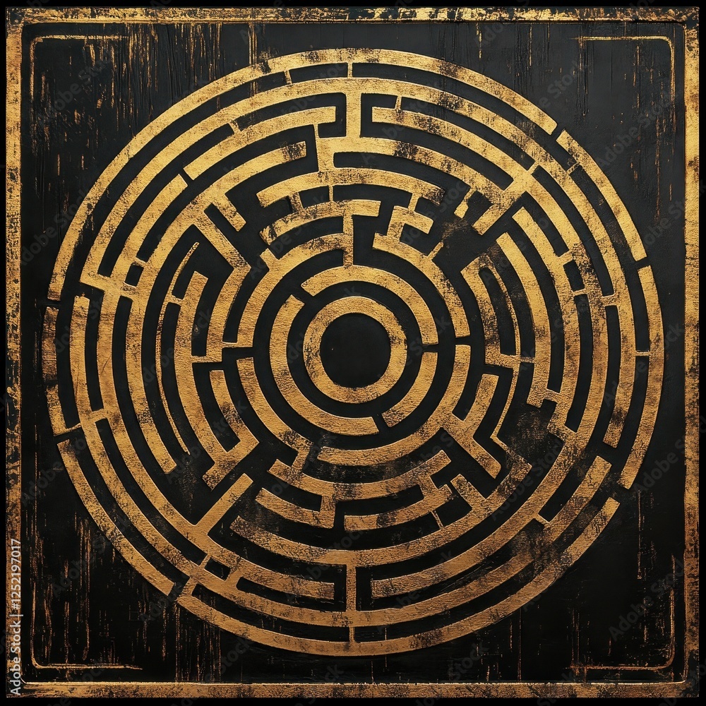 Golden circular labyrinth design on a textured dark background Golden circular labyrinth design on a textured dark background