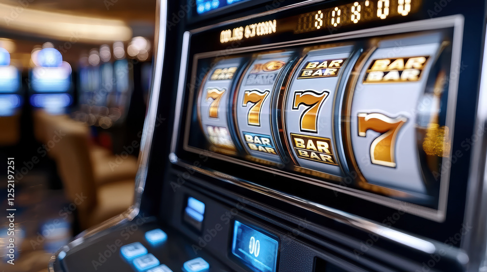 close up of slot machine displaying winning combination of sevens, evoking excitement close up of slot machine displaying winning combination of sevens, evoking excitement