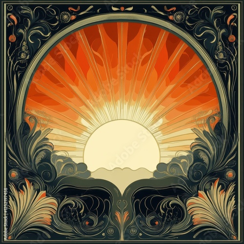 Illustrated sunrise bursting through ornate art nouveau frame