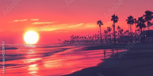 Beautiful sunset reflects on ocean water with distant palm trees