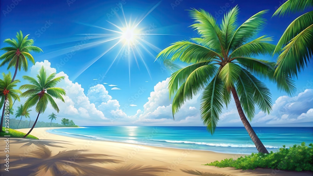Sunny day at the beach with palm trees and clear blue sky , ocean, illustration, ocean, illustration, clear sky, summer Sunny day at the beach with palm trees and clear blue sky , ocean, illustration, ocean, illustration, clear sky, summer