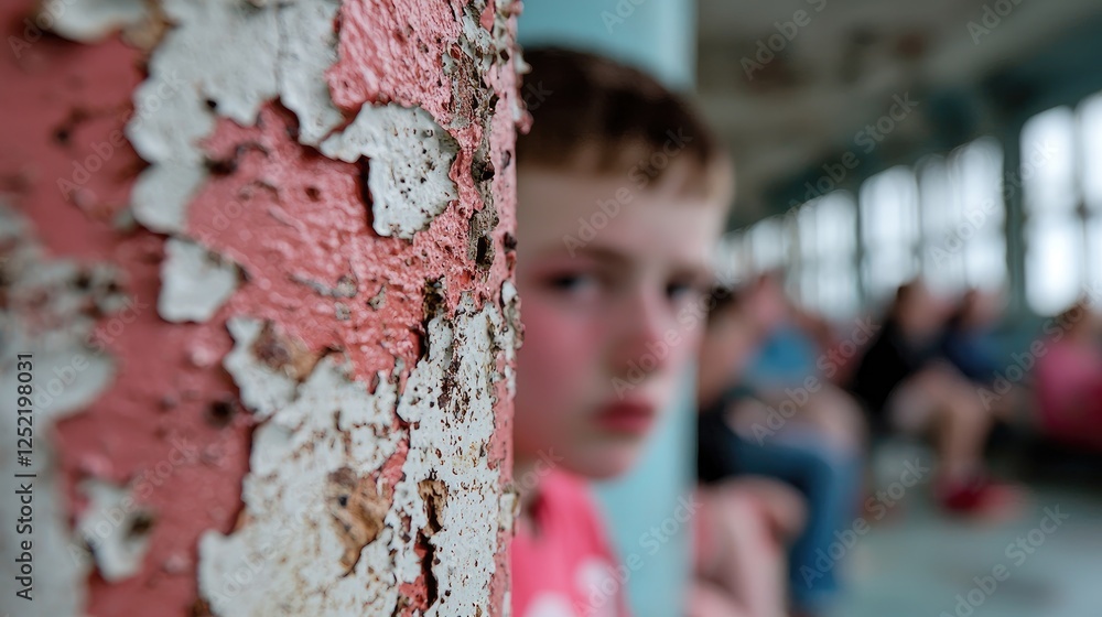 Boy hides behind pillar, pier crowd blurred. Use article about childhood, isolation