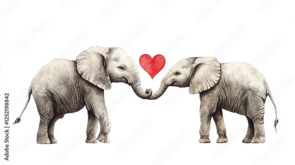 Fototapeta premium Two elephants, mother and child, standing side by side with a red heart placed between them, symbolizing love and connection on a white backdrop.