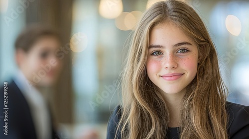 Wallpaper Mural A young Caucasian girl with long, wavy hair smiles warmly in a softly blurred background, creating a cheerful atmosphere. Torontodigital.ca