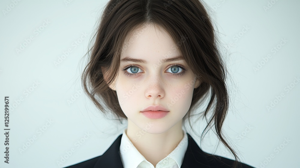 A young Caucasian woman with long dark hair and striking blue eyes, dressed in a black blazer and white shirt. A young Caucasian woman with long dark hair and striking blue eyes, dressed in a black blazer and white shirt.