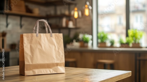 Wallpaper Mural Brown paper bag rests on a kitchen table in a cozy, well-lit cafe environment during the morning hours Torontodigital.ca
