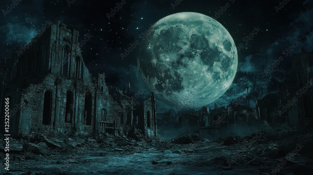 Ruins under the moonlit sky create a spooky atmosphere Ruins under the moonlit sky create a spooky atmosphere