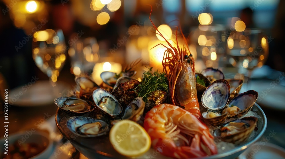 A seafood dinner being served at a farm-to-table restaurant, with rustic decor and ambient lighting. A seafood dinner being served at a farm-to-table restaurant, with rustic decor and ambient lighting.