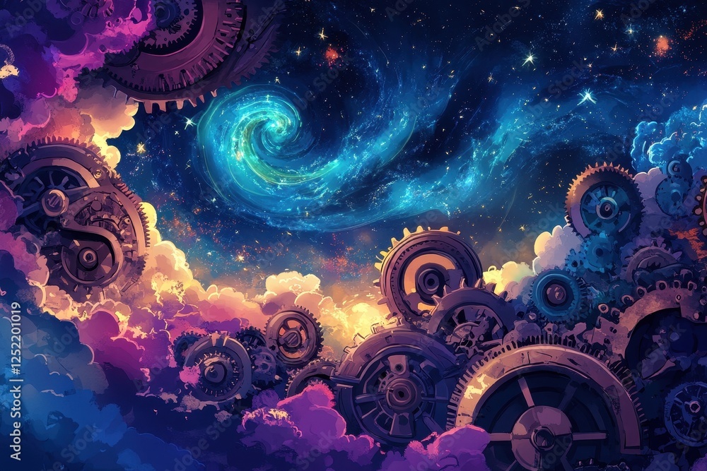 Dreamlike steampunk landscape featuring gears clouds and a cosmic swirl Dreamlike steampunk landscape featuring gears clouds and a cosmic swirl