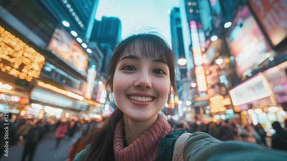 A selfie of a solo traveler in a bustling city square, with bright lights and lively crowds behind. A selfie of a solo traveler in a bustling city square, with bright lights and lively crowds behind.