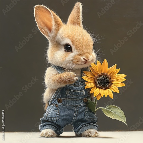 A cute bunny wearing denim overalls holds a vibrant sunflower in its paws, showcasing a delightful blend of innocence and nature's beauty in a whimsical setting. photo