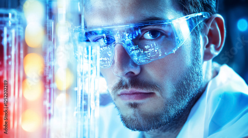 Wallpaper Mural An image depicts scientific data processing alongside a Caucasian male scientist working with test tubes in a laboratory. Torontodigital.ca