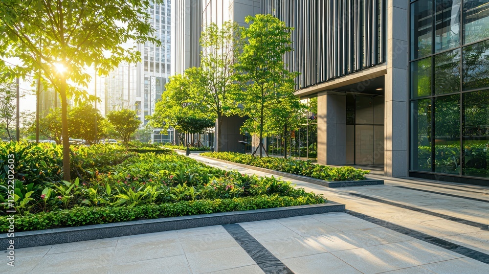 Naklejka premium A sleek office building nearing completion with landscaping underway.
