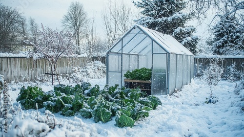 A small greenhouse in a snowy yard, filled with thriving winter vegetables like kale and spinach. 