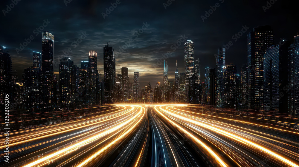 Fototapeta premium futuristic cityscape with glowing streetlights and dynamic traffic