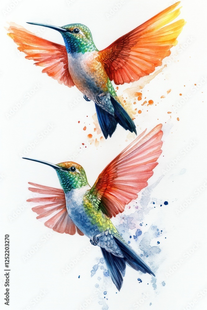 Fototapeta premium Vibrant Hummingbird Watercolor Illustration of Colorful Birds in Flight on White Background