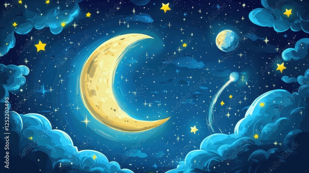 Cartoonish moon stars clouds and comet in the dark sky Cartoonish moon stars clouds and comet in the dark sky