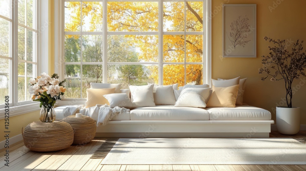 © Aleksandra - cozy living room backdrop image with large windows for online presentations and video meetings