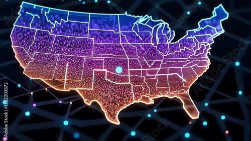 A colorful, stylized map of the southern United States with a network-like background, showcasing data visualization elements.