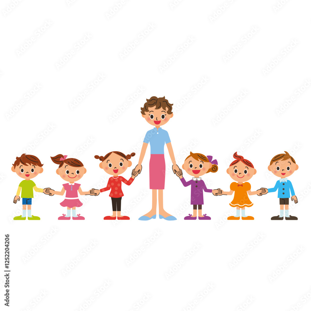 女の先生が子供達と手を繋いで一列に並んでいるイラスト 女の先生が子供達と手を繋いで一列に並んでいるイラスト
