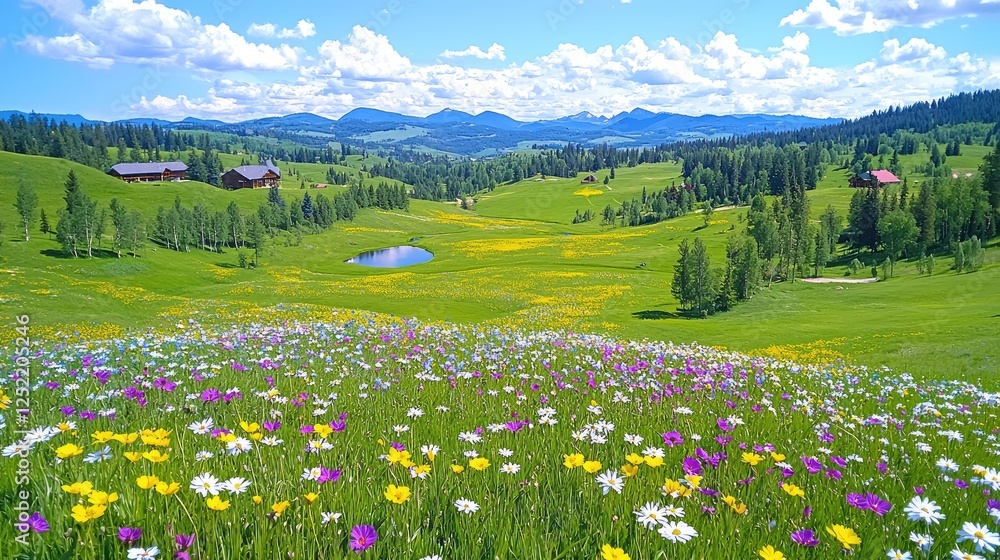 Obraz premium Alpine Meadow Landscape with Colorful Flowers and Barns