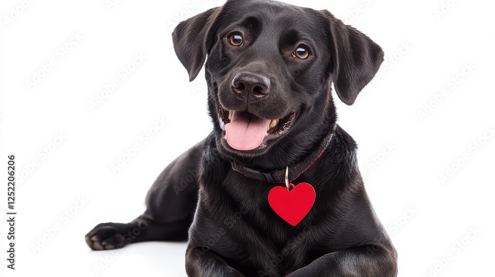 Happy Labrador retriever wearing a red heart-shaped tag on its collar, sitting confidently on a white backdrop. Happy Labrador retriever wearing a red heart-shaped tag on its collar, sitting confidently on a white backdrop.