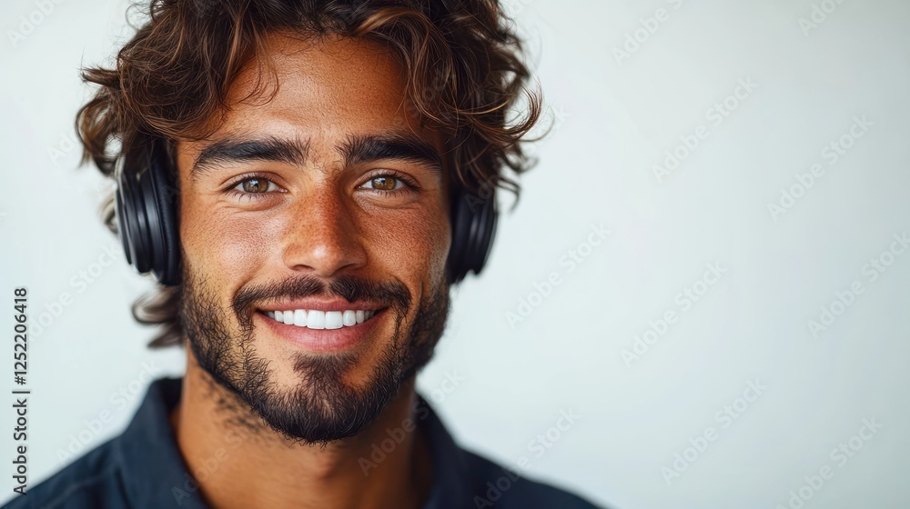 Smiling Man with Headphones, Happy and Relaxed Smiling Man with Headphones, Happy and Relaxed