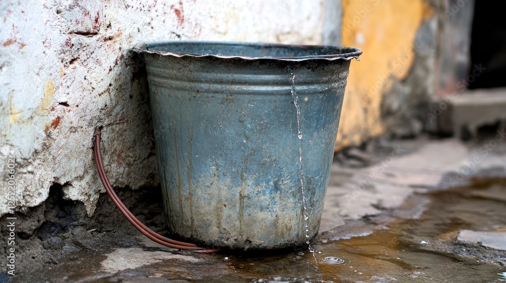 A bucket placed under a detached hose to catch dripping water. A bucket placed under a detached hose to catch dripping water.
