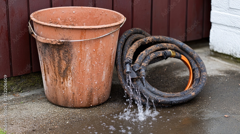 Fototapeta premium A bucket placed under a detached hose to catch dripping water.