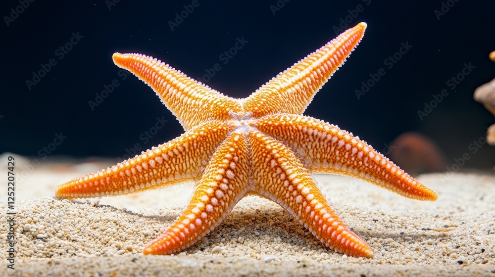 Vibrant Orange Starfish Displaying Unique Texture on Sandy Seafloor Vibrant Orange Starfish Displaying Unique Texture on Sandy Seafloor