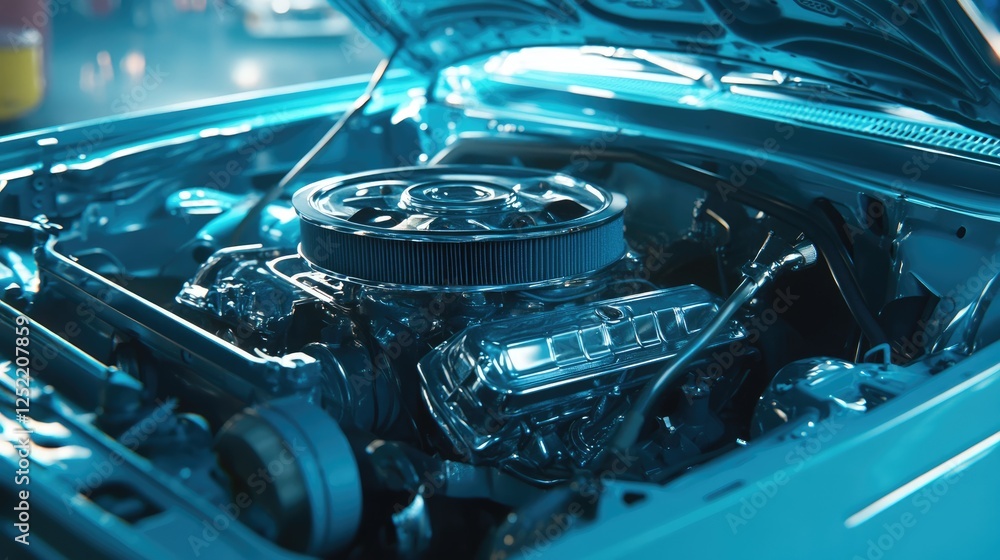 A clean engine compartment with a fan belt ready for replacement. A clean engine compartment with a fan belt ready for replacement.