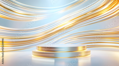 Dynamic golden waves creating a modern stage studio setting digital art sleek environment eye-level view contemporary concept