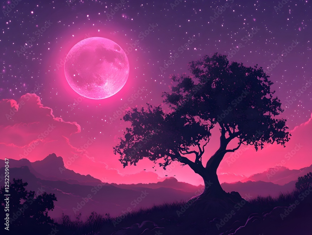 Digital Landscape with Pink Moon, Silhouetted Tree, and Mountains Digital Landscape with Pink Moon, Silhouetted Tree, and Mountains