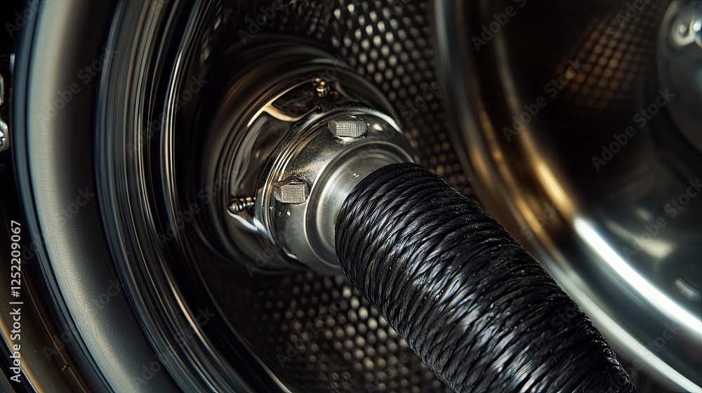 A close-up of a water inlet hose connected to a washing machine, ready for removal. A close-up of a water inlet hose connected to a washing machine, ready for removal.