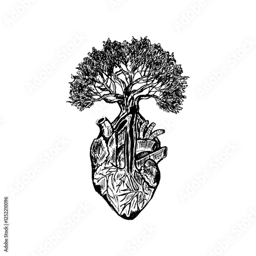 Hand-drawn sketch illustration of a human heart with a tree growing out of it.