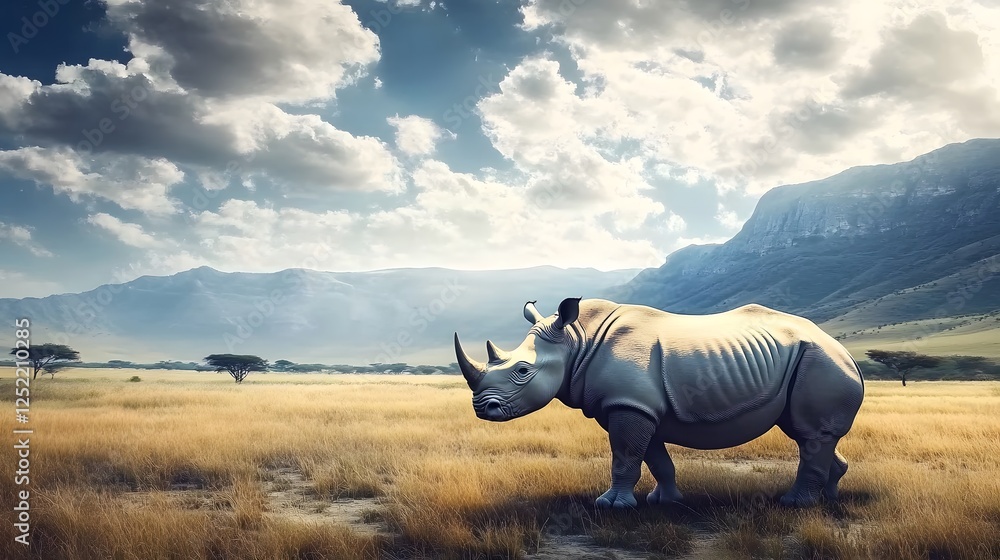 Fototapeta premium A majestic rhinoceros standing proudly in the African savannah, surrounded by vast landscapes of mountains and clouds. The photorealistic, hyperrealistic image captures the grandeur